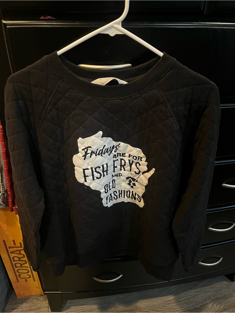 Black Quilted Wisconsin Sweatshirt with White Graphic Medium